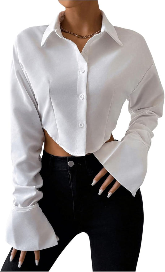 GORGLITTER Women's Long Sleeve Asymmetrical Crop Tops Collared Cropped Button Down Shirt