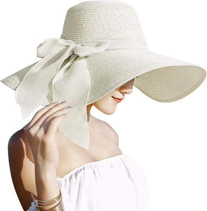 Lanzom Womens 5.7 Inches Big Bowknot Straw Hat Large Floppy Foldable Roll up Beach Cap Sun Hat UPF 50+