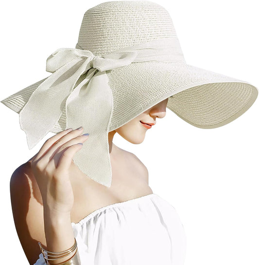 Lanzom Womens 5.7 Inches Big Bowknot Straw Hat Large Floppy Foldable Roll up Beach Cap Sun Hat UPF 50+