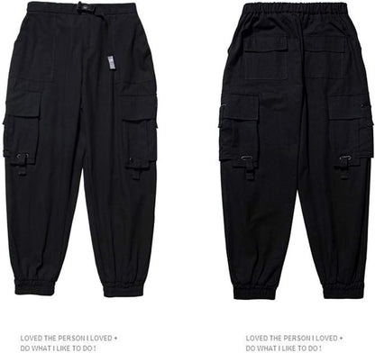 PAODIKUAI Men Techwear Matte Black Jogger Pants Relaxed Fit Streetwear Pants with Multiple Pockets