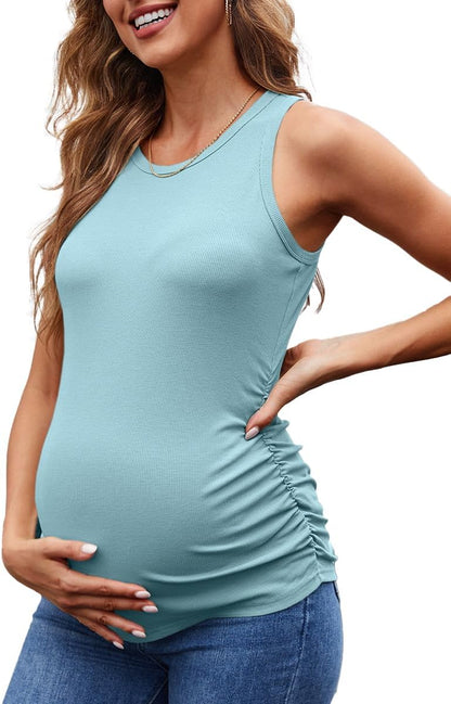 UNCLECAT Women's Maternity Tank Tops Summer Sleeveless Crewneck Ribbed Slim Fitted Blouse Side Ruched Pregnancy Shirts