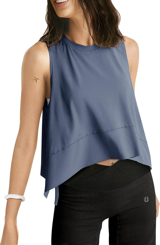 UEU Cropped Tank Tops for Women, Yoga Workout Athletic Shirts, Summer Flowy Split Side Slit Oversized Sleeveless Tee