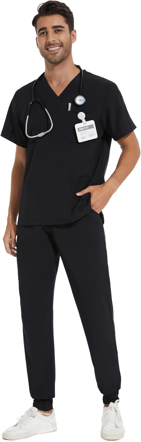 COZYFIT Men Scrubs Set — Stretch V-Neck Scrub Top & Jogger Pant with 8 Pockets, Yoga Waistband, Anti-Wrinkle Scrubs for Men