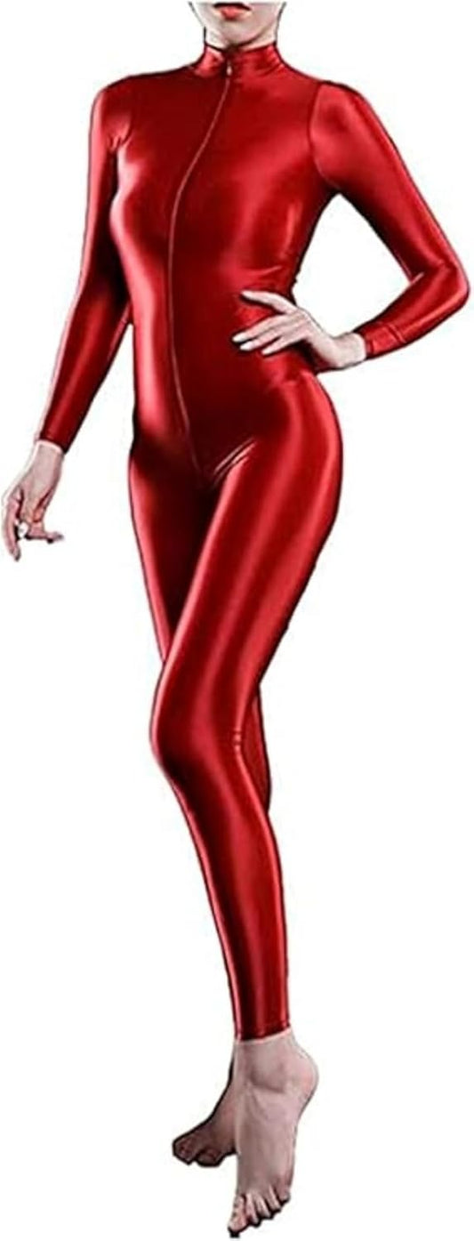 Xinxin Woman's Shimmery High Neck Long Sleeve Footless Zipper Bodysuit Catsuit Unitard Zentai Costume