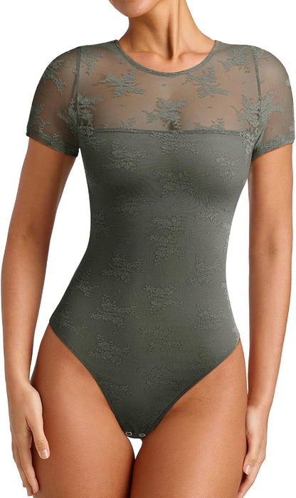 PINKMSTYLE Womens Crew Neck Lace Short Sleeve Bodysuit Double Lined Going Out Tops Sexy Thong Body Suit Shirts