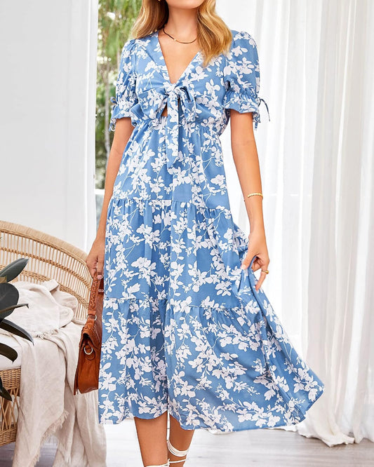BTFBM 2025 Womens Summer Boho Dress Tie Front Deep V Neck Cutout Short Sleeve Casual Party Floral Beach Maxi Dresses
