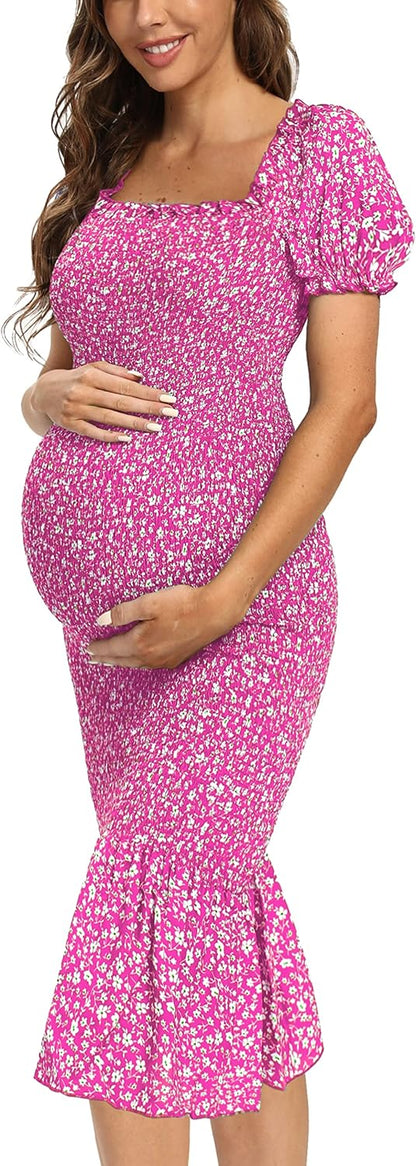 Spring Long Puff Sleeve Maternity Dress Floral Ruffle Hem Mermaid Baby Shower/Photoshoot Dress
