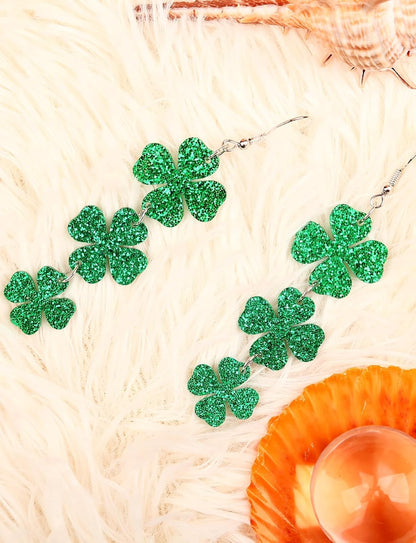 St Patricks Day Green Shamrock Clover Earrings for Women, Irish St. Patrick's Day Accessories Good Luck Hoop Dangle Glitter Earrings (Type 1)
