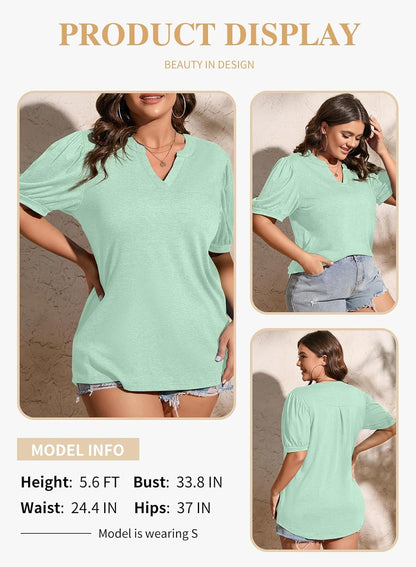 Eytino Womens Plus Size Tops V Neck Puff Short Sleeve Summer Loose Casual Solid Tees Shirts(1X-5X)