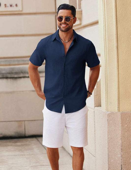 COOFANDY Men's Button Down Short Sleeve Shirt Casual Cotton Summer Beach Linen Wedding Shirts with Pocket