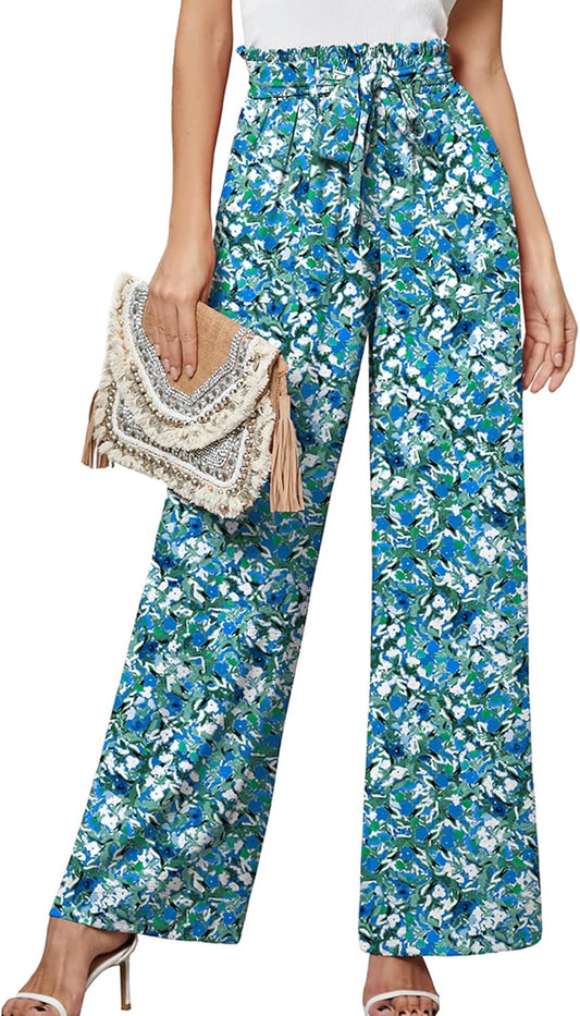 Heymoments Women's Wide Leg Lounge Pants Lightweight High Waisted Adjustable Tie Knot Loose Fit Trousers with Pockets