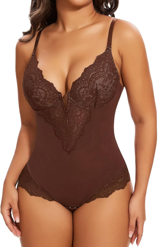 SHAPERIN Sexy Lace Shapewear Bodysuit Women's Sleeveless V Neck Tummy Control Backless Thong Tank Tops Body Suit Shaper