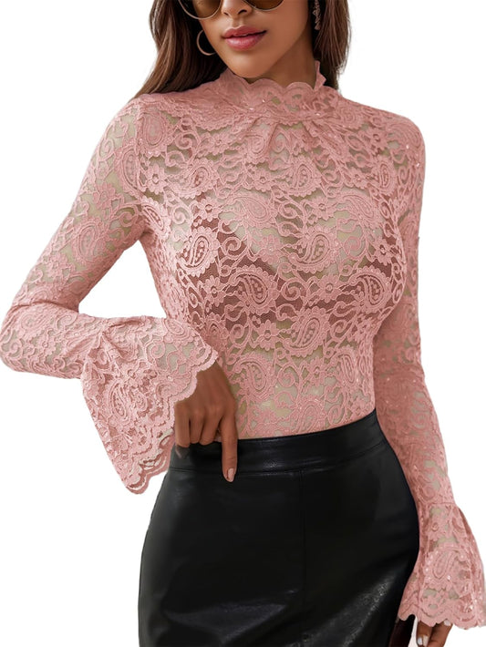 Women's Long Sleeve Lace Mesh Tops High Neck Sheer Blouse Sexy Floral Going Out Top