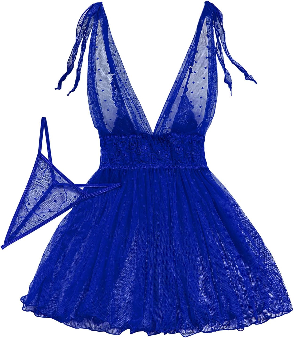 Lilosy Sexy Polka Dots Mesh Sheer Lace Babydoll Chemise Lingerie Set Floral Lace Sleep Wear