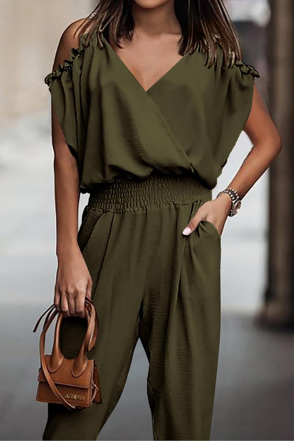 PRETTYGARDEN Jumpsuit for Women Casual Wrap V Neck Cold Shoulder One Piece Outfits Pants Romper (Army Green,Small)