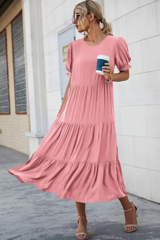 PRETTYGARDEN Summer Dresses for Women 2025 Casual Floral Boho Midi Sun Dress Puff Short Sleeve Flowy Beach Vacation Sundress