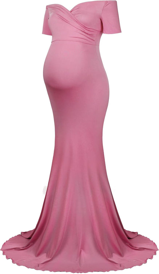 Molliya Maternity Long Dress Off Shoulder Elegant Fitted Gown Stretchy Maxi Photography Dress