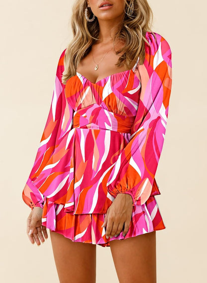 Fixmatti Women off Shoulder Rompers Lantern Long Sleeve Ruffle Tie Mini Shorts Jumpsuit