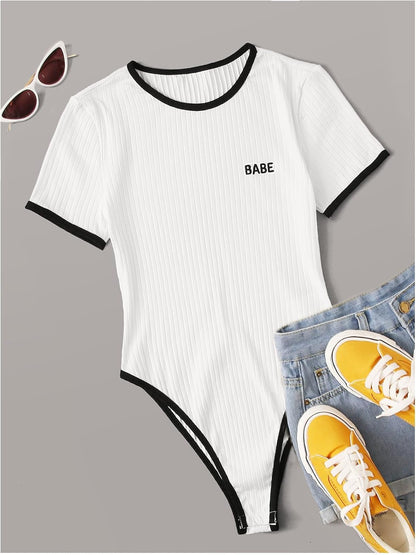 SOLY HUX Bodysuits for Women Short Sleeve Contrast Binding Letter Embroidery Bodysuit T Shirt Tops