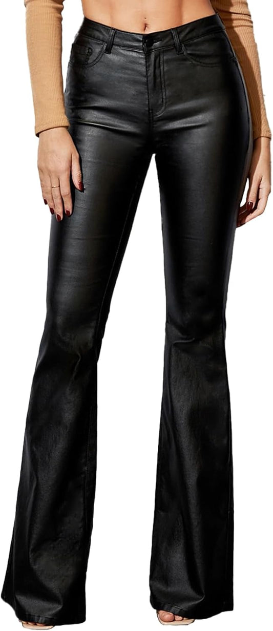 Women's Faux Leather Coated Flare Pants Mid Waist PU Skinny Black Leggings Bell Bottom Pants with Pockets