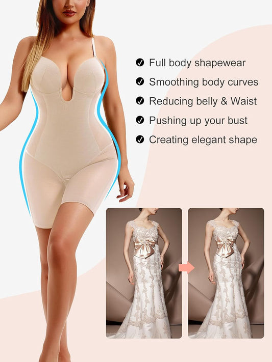 Decorus Women's Low Back Full Deep Plunge Strapless Bodysuit Mid Thigh Backless Shapewear Tummy Control Shaping Body Shaper