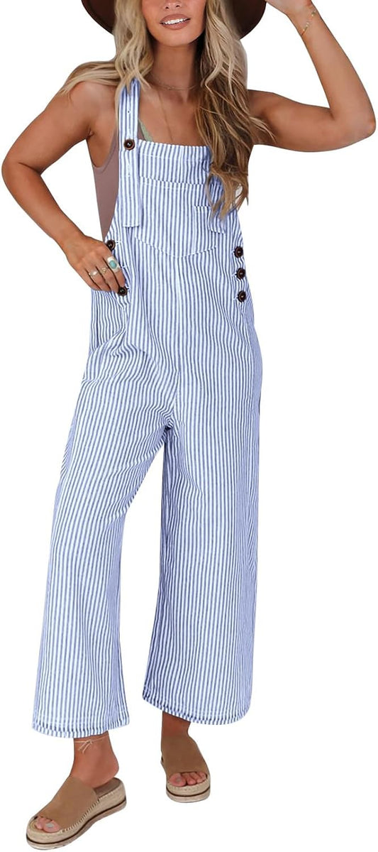 PRETTYGARDEN Overall Jumpsuit For Women 2025 Summer Casual Wide Leg Sleeveless Button Striped Jumpsuits Trendy Outfits