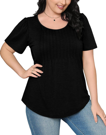 OFEEFAN Womens T Shirts Short Sleeve Pleated Dressy Casual Scooped Neck Summer Tops Blouses