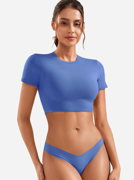 VOYJOY Womens Double Lined Fitted Short Sleeve Crop Tops Crew Neck Casual Workout T Shirts Cute Basic Tee