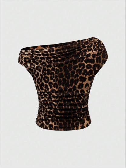 Floerns Women's Y2K Leopard Asymmetrical Neck T Shirt Sleeveless Cheetah Ruched Tee Shirts