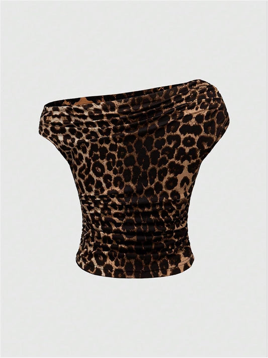 Floerns Women's Y2K Leopard Asymmetrical Neck T Shirt Sleeveless Cheetah Ruched Tee Shirts