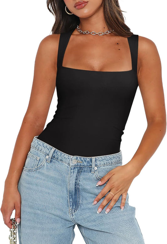 REORIA Butsmooth® Women’s Sexy Sleeveless Square Neck Double Lined Basic Bodysuit Tank Tops