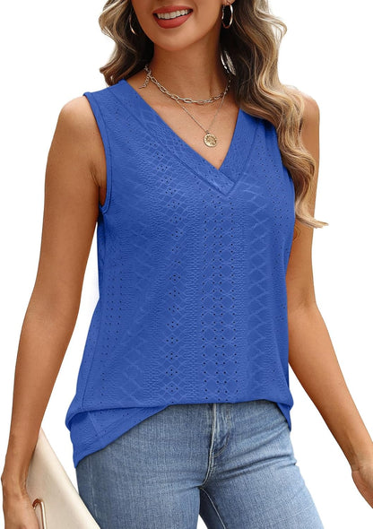 WIHOLL Tank Top for Women Summer Outfits V Neck T Shirts Trendy Eyelet Sleeveless Basic Beach Vacation Clothes