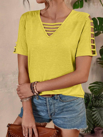 Women's Spring V Neck T-Shirt Loose Fit Hollow Out Short Sleeve Casual Summer Basic Tops for 2025 Beach Vacation