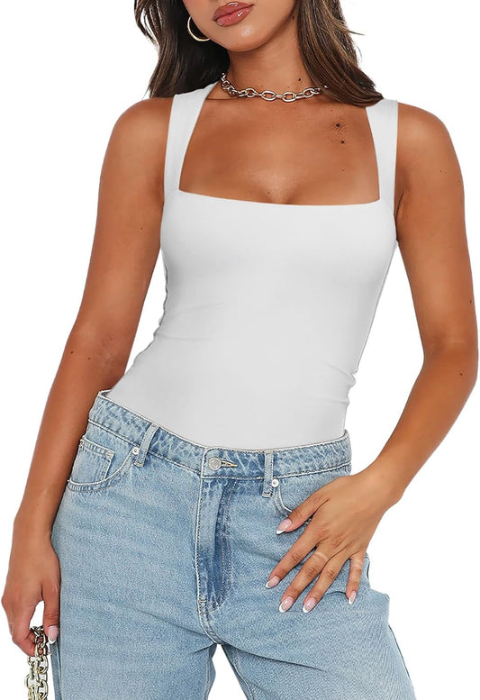 REORIA Butsmooth® Women’s Sexy Sleeveless Square Neck Double Lined Basic Bodysuit Tank Tops