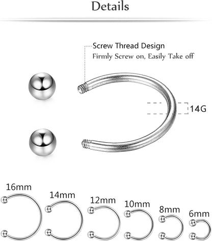 ORAZIO 12Pcs 14-16G Stainless Steel Nose Rings Septum Piercing Cartilage Horseshoe Earring Body Piercing 6MM-16MM
