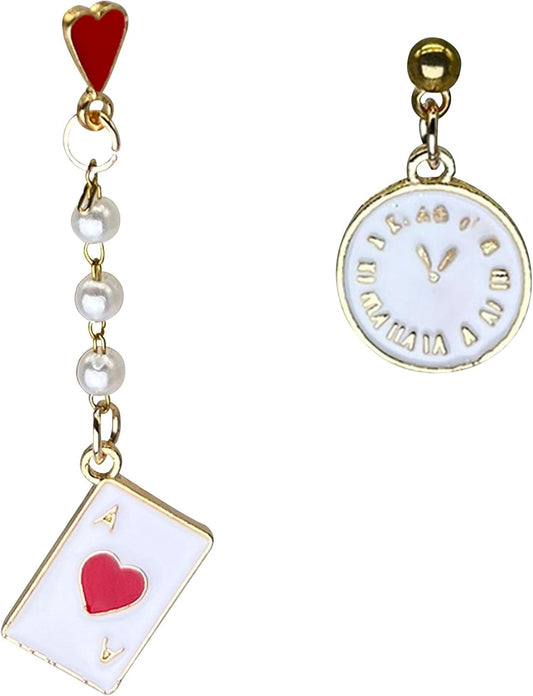 Queen of Heart Earrings Red Heart Poker Clock Drop Earrings Funny Colorful Resin Playing Card Earrings for Women