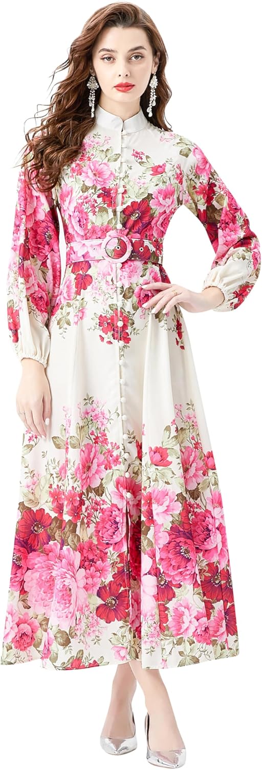 LAI MENG FIVE CATS Women's Floral Print Puff Sleeve Button Up Split Party Flowy Maxi Dress