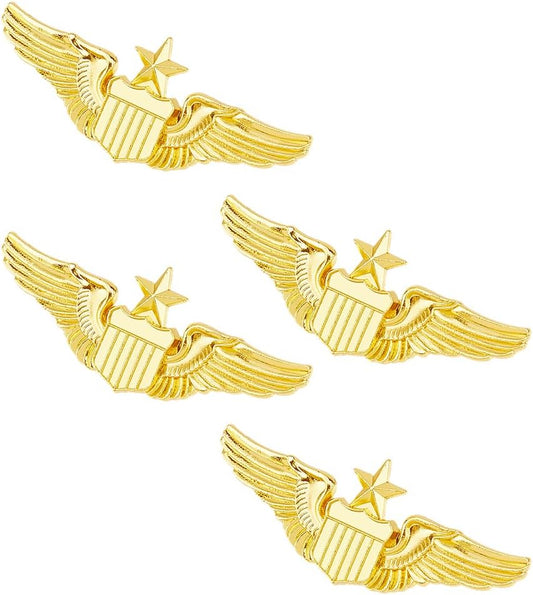 SUPERFINDINGS 4Pcs Wings Pin Alloy Gold Wing Pilot Badge 2.32'' Costume Lapel Pins Brooch Air Force Wing Pins Metal Aviator Wings Pin for Hat Shirt Uniform Pilot Costume