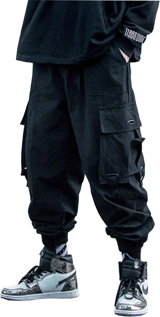 PAODIKUAI Men Techwear Matte Black Jogger Pants Relaxed Fit Streetwear Pants with Multiple Pockets