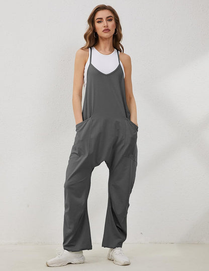 Lentta Women's Causal Jumpsuits V Neck Sleeveless Harem Overalls Stretchy Adjustable Strap Romper with Pockets