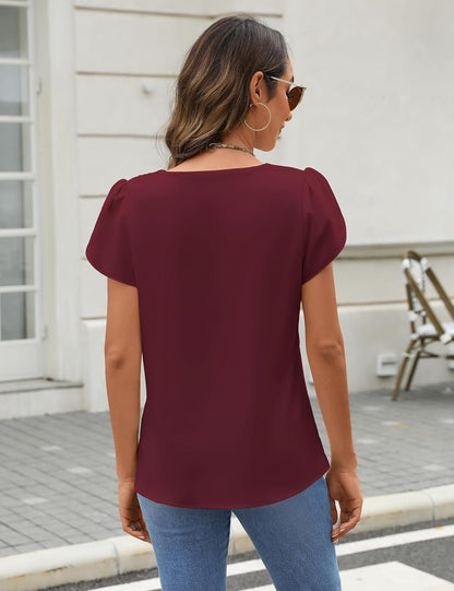 Fayenne Womens Tops Dressy Casual V Neck Ruffle Short Sleeve Blouse Business Casual Tops Chiffon Flowy Shirt Cute Summer Tops