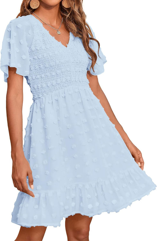 BTFBM Womens Beach Vacation Dress Summer 2025 V Neck Short Sleeve Smocked Swiss Dot Cute Ruffle Casual Fall Mini Dresses