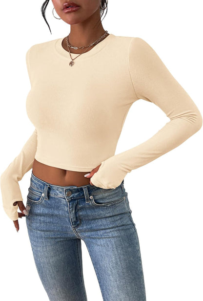 PRETTYGARDEN Women's Long Sleeve Crop Tops Y2K Spring Fall Fashion Clothes Basic Slim Fit Tee Shirts Blouse