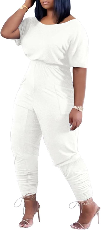 acelyn Casual One Piece Loose Jumpsuit for Women Summer Plus Size Overalls Off Shoulder Pockets Romper