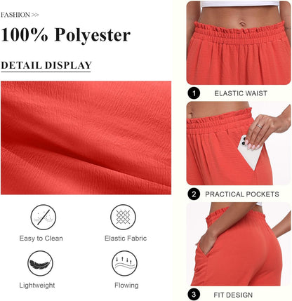 Anydeer Women Pants Loose Wide Leg Trousers Straight Casual Dressy Palazzo Ruffle High Waist Slacks with Pockets