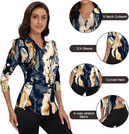Soneven Womens Golf Polo Shirts 3/4 Long Sleeve V Neck Button Down Shirts Business Causal Work Blouses Tops
