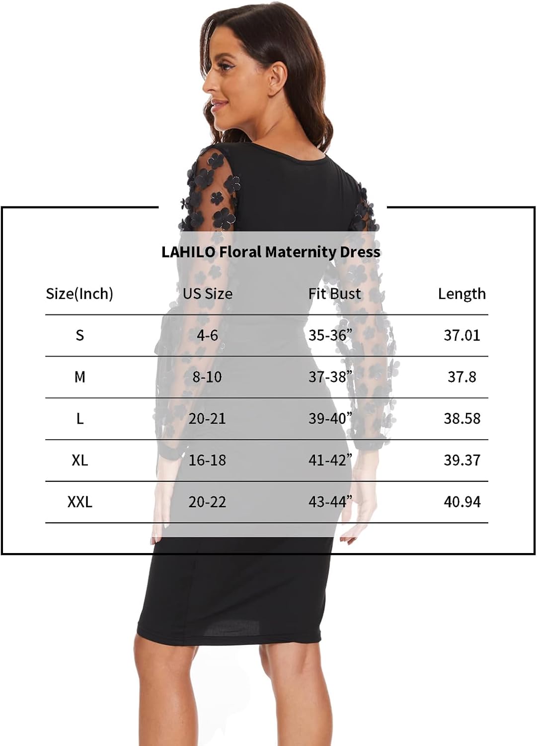 Floral Mesh Bishop Long Sleeve Maternity Midi Dress, Fall Maternity Bodycon Dress for Baby Shower/Photoshoot