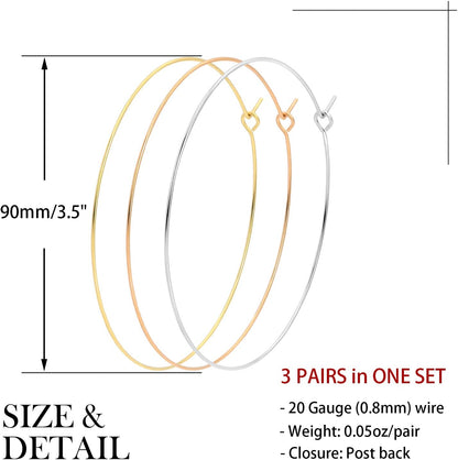 3 Pairs Thin Extra Large Hoop Earrings Set，Fashion Huge Gold Hoops 18k Gold Plated Lightweight Stainless Steel Hoops Big Geometric Round Gold Hoop Earrings Set Minimalist Jewelry for Women