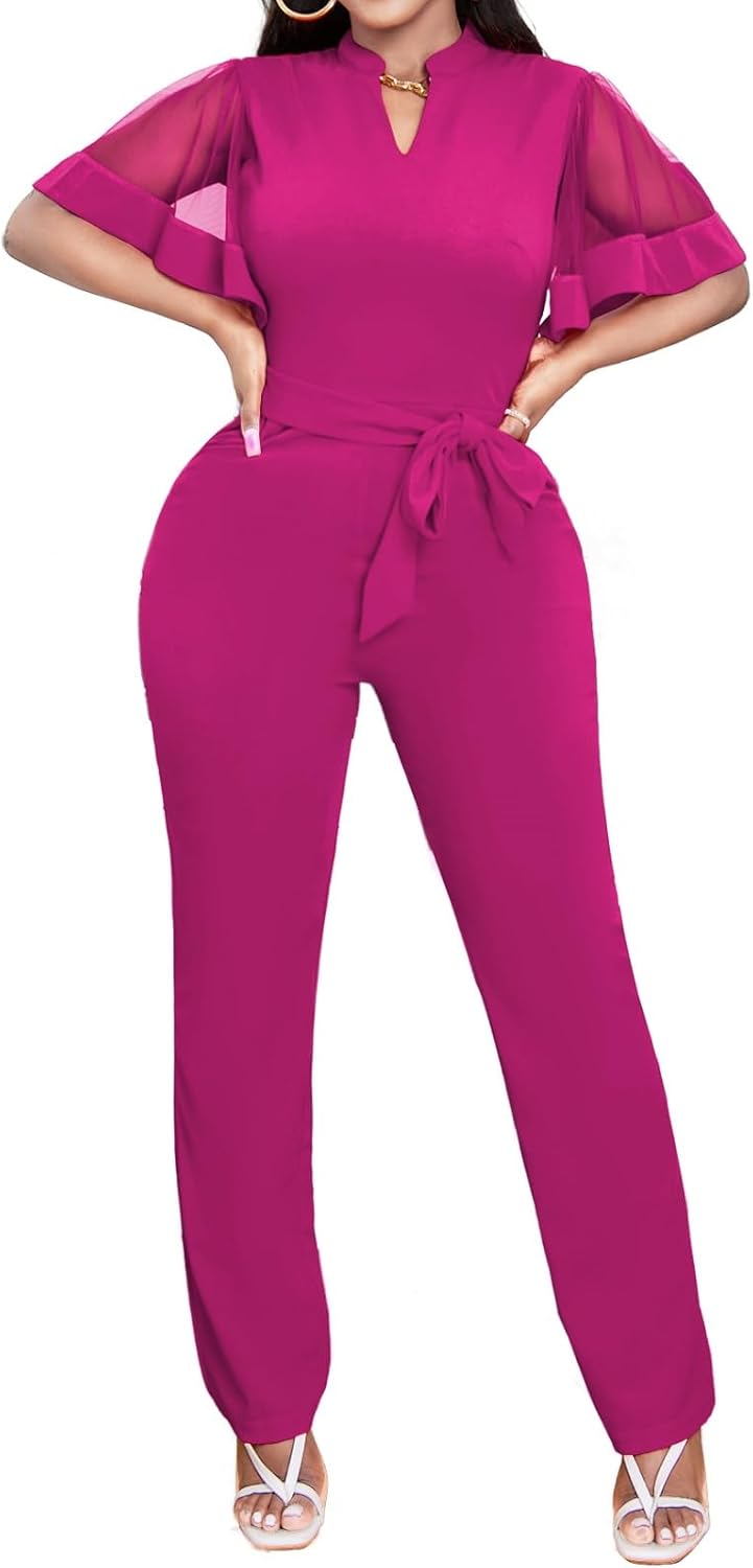 Oxgmoky Women's Jumpsuits Elegant Business V Neck Zipper Long Sleeve Sexy Strap Straight Long Pants Rompers With Pockets
