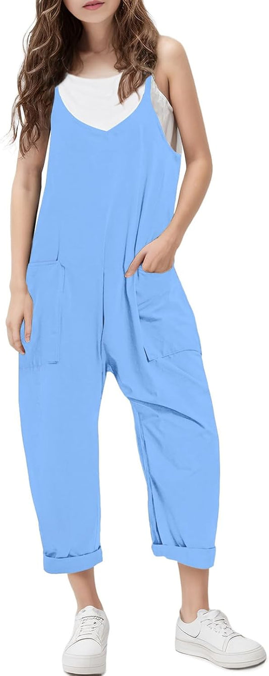 RAISEVERN Jumpsuits for Girls Casual Sleeveless Loose Spaghetti Strap Summer Rompers Long Pants with Pockets